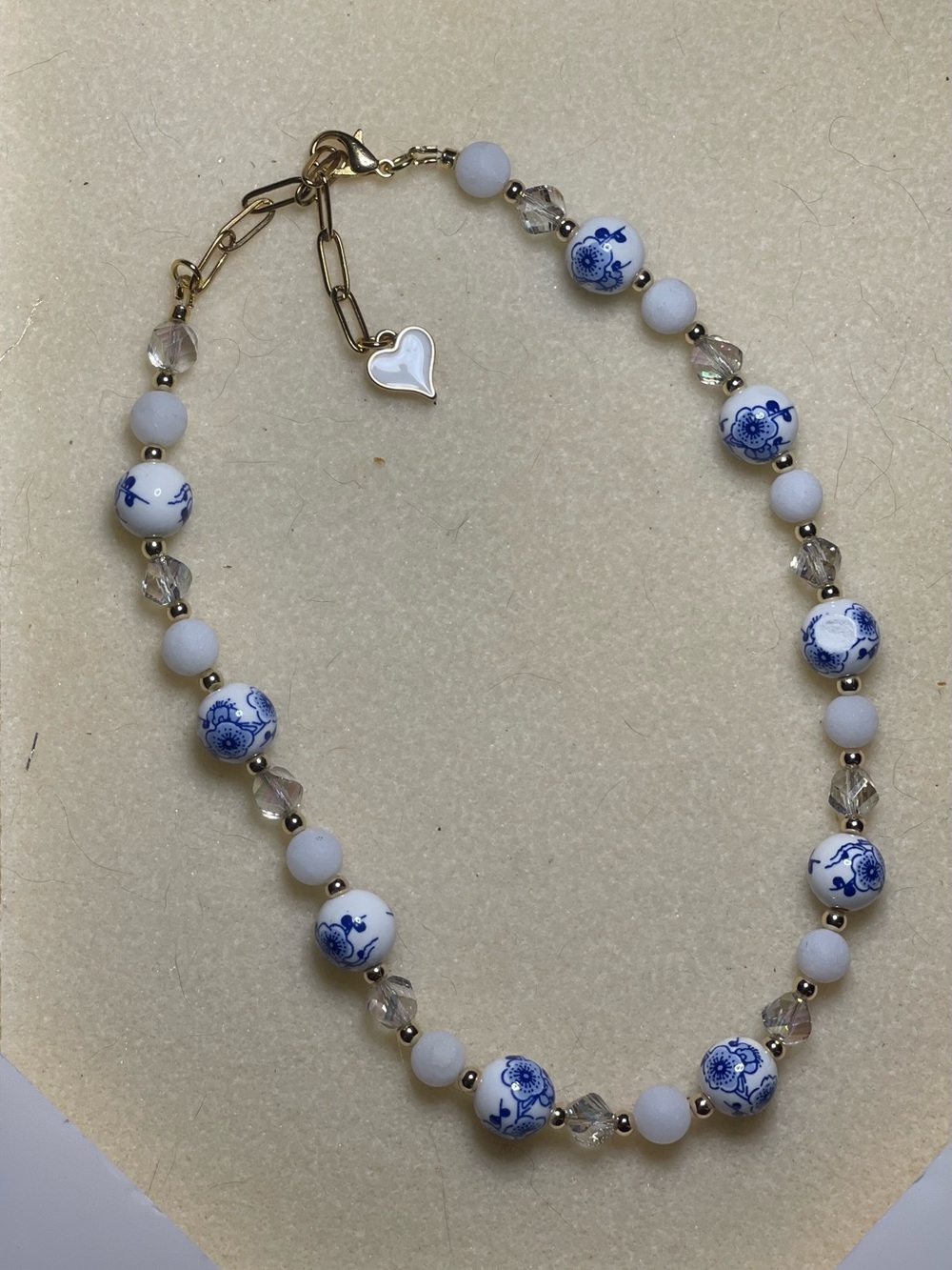 Blue & White Porcelain Bead Necklace with Gold Heart Accent